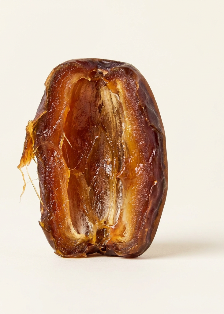 Halved organic Medjool date